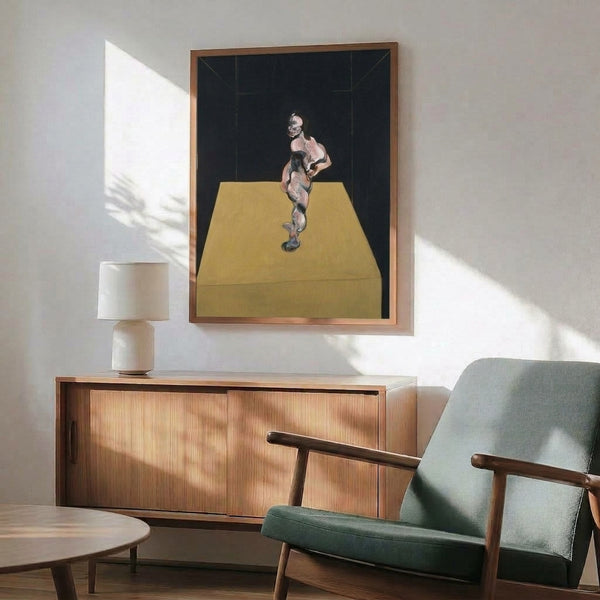 Contemporary art print featuring a solitary figure in muted browns and grays against a subdued background, rendered with expressive, abstract painterly technique.