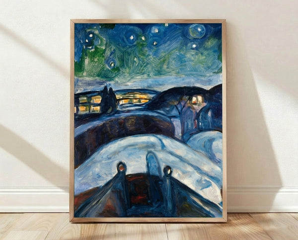 Framed expressionist poster featuring a swirling night sky with vibrant blues and yellows over a dark landscape, creating a moody and dreamlike atmosphere.