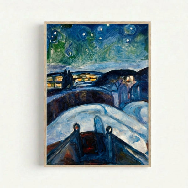 Dark landscape beneath a dramatic starry sky with bold, sweeping brushstrokes in deep blues and golden yellows, framed as wall art.