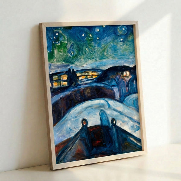 Expressionist night scene with an emotional, turbulent sky rendered in rich indigo and bright yellow tones above a shadowed terrain.