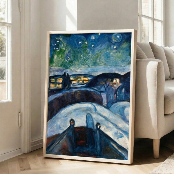 Framed poster displaying a moody nocturnal landscape with an intensely swirling sky in shades of blue and golden light.