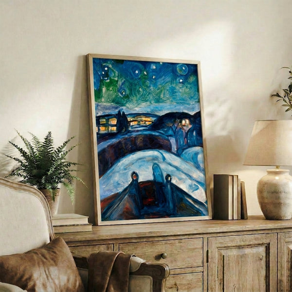 Wall art print featuring an emotionally charged night sky with dynamic curved strokes in deep blues and luminous yellows over a dark landform.