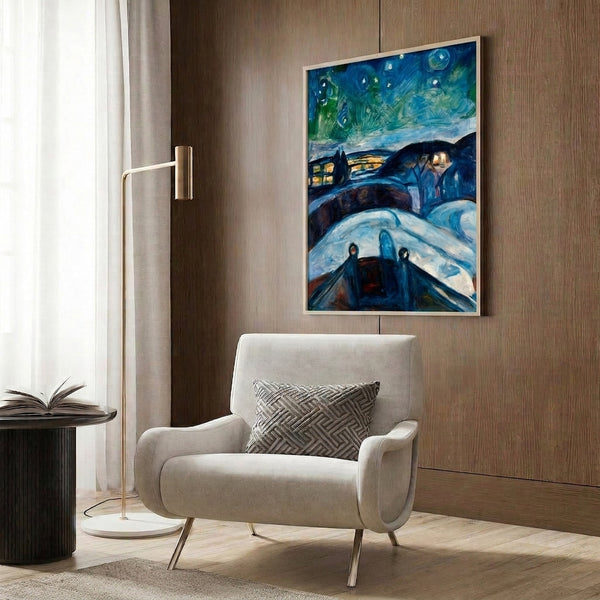 Expressionist-style poster of a starlit landscape with powerful brushwork creating movement in the deep blue and yellow night sky.