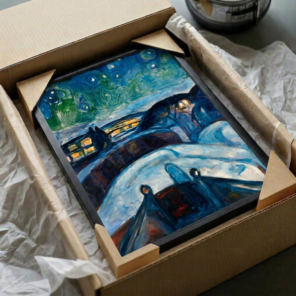 Framed art print showing a contemplative nighttime scene with an energetic, swirling sky dominated by deep blues and warm golden tones.