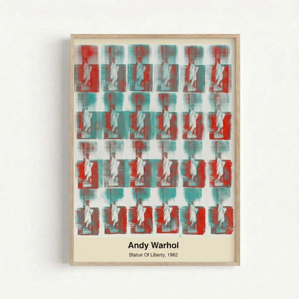 Framed Warhol-style poster featuring Liberty statue in bright primary colors and graphic blocks, iconic 1960s pop art aesthetic on gallery wall.