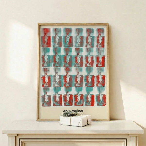 Contemporary art print of Liberty statue in vivid pop art colors: saturated blues, reds, and yellows against white, with graphic simplification and high contrast.