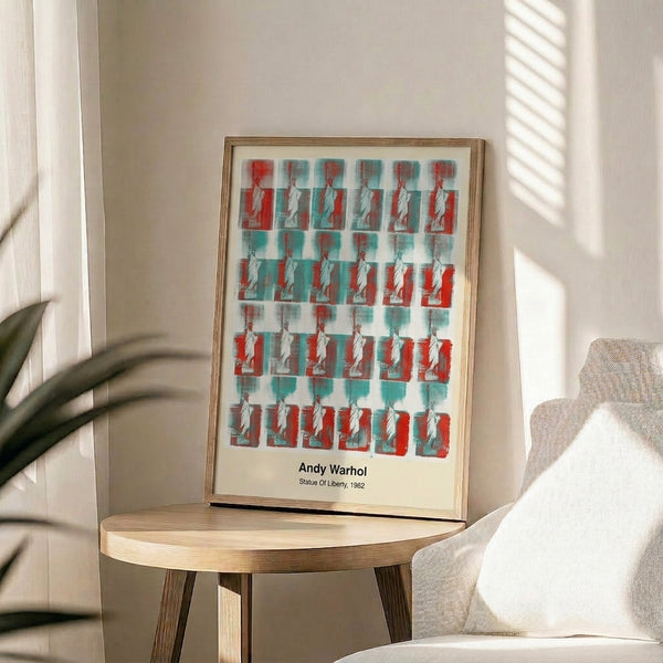 Wall art print presenting the iconic Liberty statue monument in vibrant pop sensibility using bright red, blue, yellow, and black in graphic bold forms.