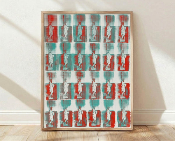 Pop art style Statue of Liberty poster with vibrant neon colors and bold graphic treatment in the manner of Andy Warhol.