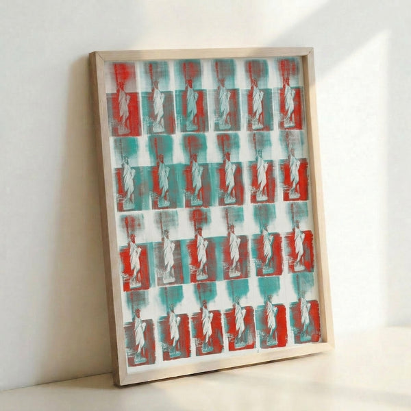 Modern art print of the Statue of Liberty rendered in pop art style with bright, eye-catching color blocks and graphic intensity.