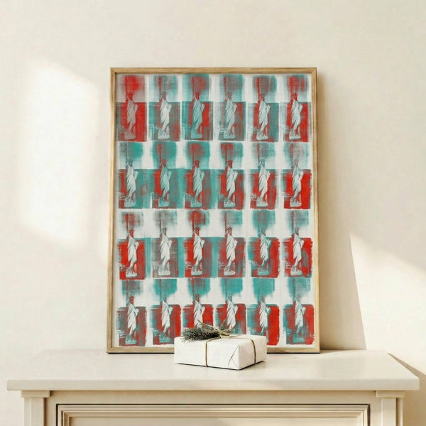 Contemporary pop art poster depicting the iconic Statue of Liberty monument in vivid colors with bold, minimalist aesthetic.