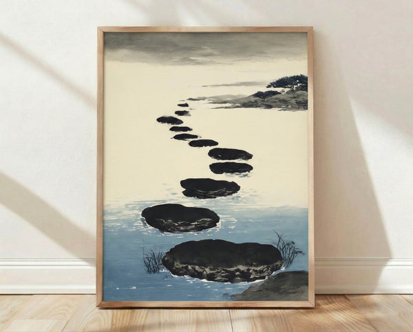Minimalist watercolor poster of smooth stepping stones leading through calm waters, with soft blue and gray tones evoking a meditative Japandi aesthetic.