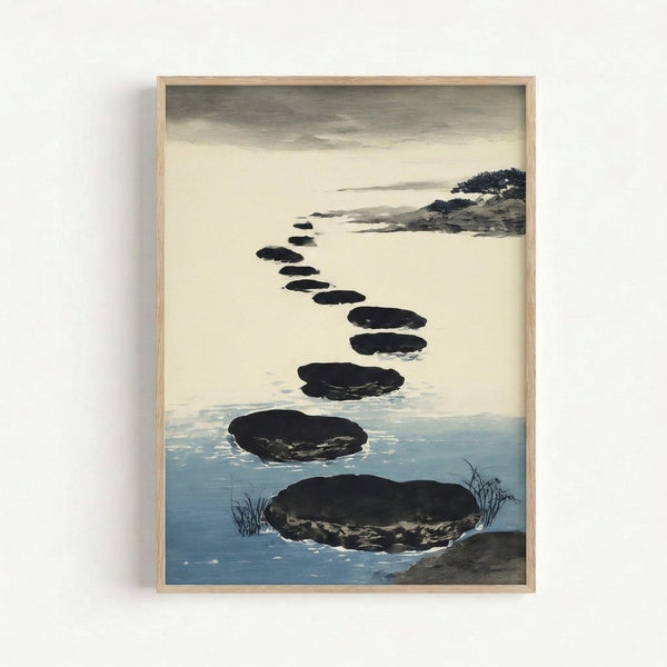 Zen landscape art print featuring stepping stones crossing serene water with distant trees, rendered in muted cream, charcoal, and blue watercolor palette.