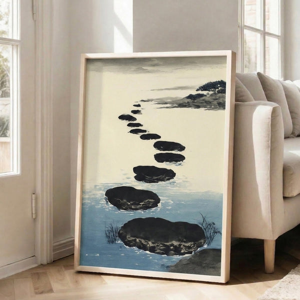 Zen stepping stones artwork in soft watercolor with charcoal accents, evoking stillness through a simple landscape of water and stone.