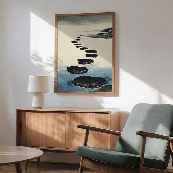Meditative poster of stepping stones crossing gentle waters, minimalist watercolor style with muted blue, gray, and cream tones.