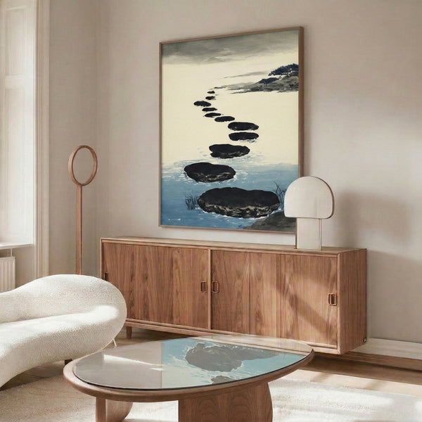 Wabi sabi landscape art print featuring contemplative stepping stone path through calm water, minimalist watercolor technique in cool, muted hues.
