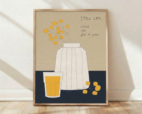 Minimalist line art poster of a glass vase holding golden yellow mimosa flowers with a soft cream background and black line details, framed on a wall.