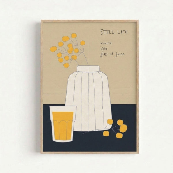 Framed art print featuring a simple line drawing of mimosa blooms in a delicate vase, rendered in black, cream, and warm yellow tones with a calm, whimsical mood.