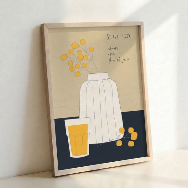 Modern still life sketch of fresh mimosa flowers in a glass vase, drawn in minimalist black lines against a soft cream and gray palette.