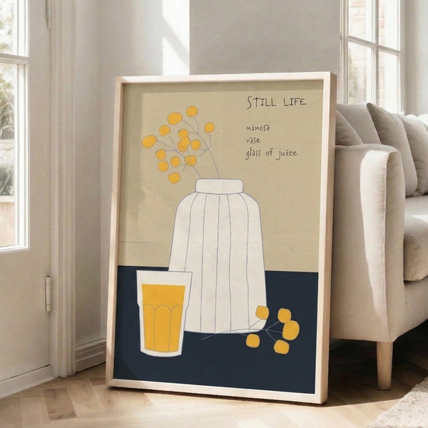Contemporary wall art displaying an elegant line-drawn vase filled with golden mimosa flowers, captured in a serene domestic style with muted cream and gray tones.