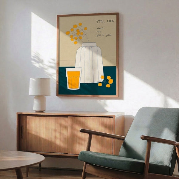 Line art still life of mimosa flowers arranged in clear glass, rendered in soft cream, golden yellow, and black on a neutral background as a framed print.