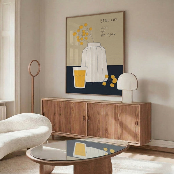 Elegant modern flower poster depicting a simple vase sketch with golden mimosa sprigs, combining minimalist line work with a warm cream and pale gray palette.