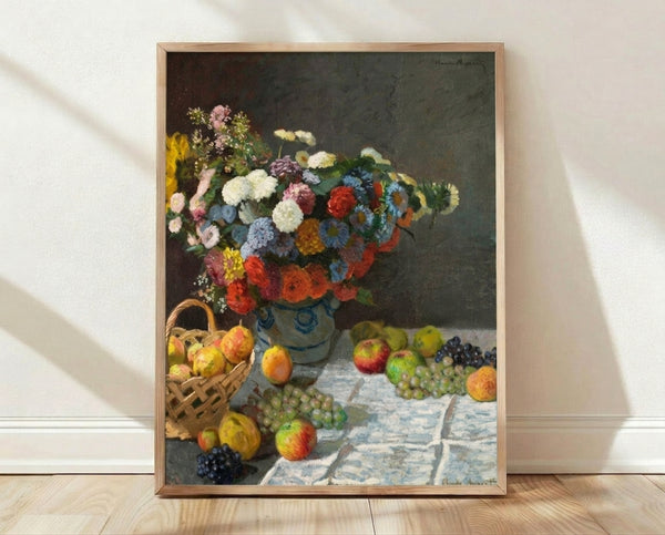 Framed impressionist still life print featuring a vibrant arrangement of blooming flowers and fresh fruit in soft watercolor hues, creating a serene and elegant wall display.
