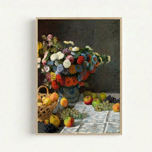 Monet-inspired still life poster showing delicate flowers intertwined with colorful fruit in muted, luminous tones characteristic of impressionist painting technique.