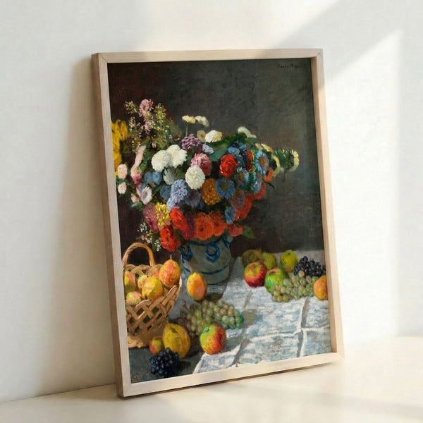 Watercolor still life art print depicting an organic composition of flowering stems and scattered fruit rendered in gentle, blended colors and soft brushwork.