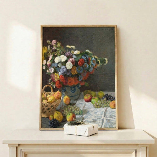 Framed impressionist artwork showcasing a peaceful floral and fruit arrangement in naturalistic tones, perfect for refined home wall decor.