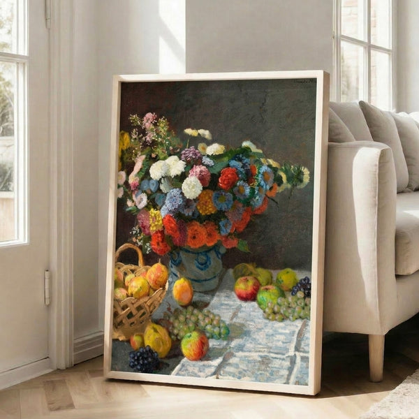 Still life print featuring a harmonious blend of fresh flowers and fruit captured in the impressionist style with delicate color transitions and fluid brushstrokes.