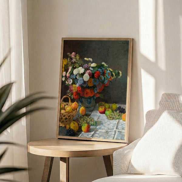 Botanical still life poster in watercolor medium displaying an abundance of blooms and fruit in soft, atmospheric palette reminiscent of classic impressionist masters.
