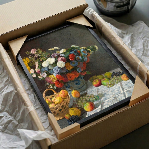 Impressionist-style framed print of a serene floral and fruit composition rendered in gentle, light-filled tones with spontaneous, artistic brushwork.