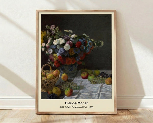 Impressionist watercolor still life painting featuring soft clusters of flowers and fresh fruit arranged on a draped tablecloth in cream, rose pink, and golden yellow tones.