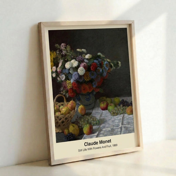 Contemplative still life composition showcasing blooming flowers and fruit with the characteristic soft brushwork and color harmony of Impressionist watercolor technique.