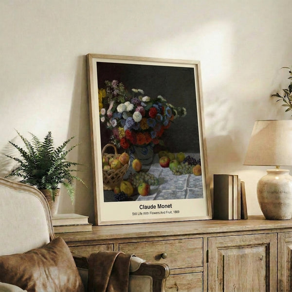 Peaceful Impressionist watercolor painting depicting a gentle arrangement of cut flowers and fresh fruit in dreamy cream, pale blue, and rose pink tones.