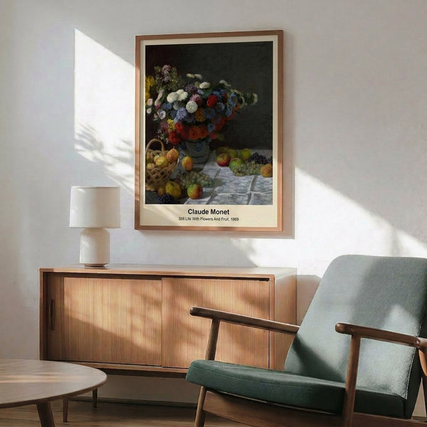 Luminous still life poster rendered in soft Impressionist watercolor style showing flowers and apples with warm golden yellows and serene cool blue accents.