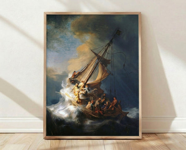Rembrandt's dramatic seascape depicting a violent storm with a crowded boat of figures struggling against turbulent waves in dark, moody tones; classical Dutch Golden Age masterpiece framed as wall art.
