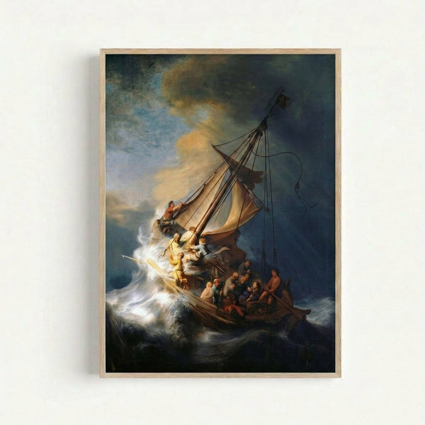 Framed poster of Rembrandt's tumultuous maritime scene showing sailors and passengers battling churning waters under stormy skies rendered in rich browns, golds, and deep shadows.