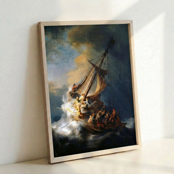 Classical Dutch painting of a ship caught in a fierce tempest with multiple figures clinging to rigging and hull, executed in Rembrandt's characteristic chiaroscuro style with warm and dark earth tones.