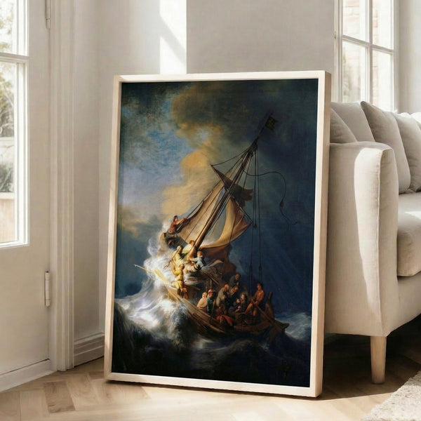 Baroque seascape artwork showing a vessel heaving through dramatic waves with desperate sailors aboard, painted in Rembrandt's masterful use of light and shadow against a turbulent sky.