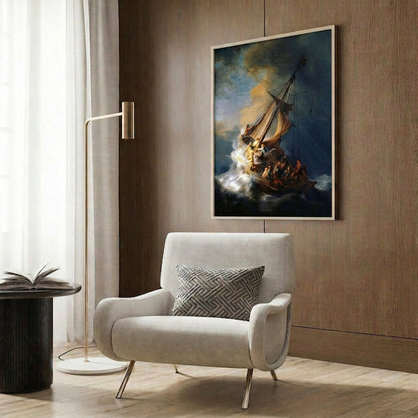Rembrandt's iconic maritime drama featuring a small boat surrounded by towering waves and anguished figures, rendered in atmospheric dark colors with touches of golden light, hung as a framed poster.