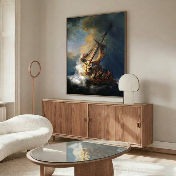 Sixteenth-century Dutch Golden Age masterpiece depicting nautical peril with a crowded boat amid violent seas, characterized by Rembrandt's expressive brushwork and moody brown and amber palette.