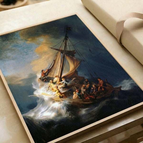 Framed art print of Rembrandt's powerful seascape showing human struggle against nature's fury, with figures and rigging silhouetted against roiling waters in dramatic chiaroscuro tones.