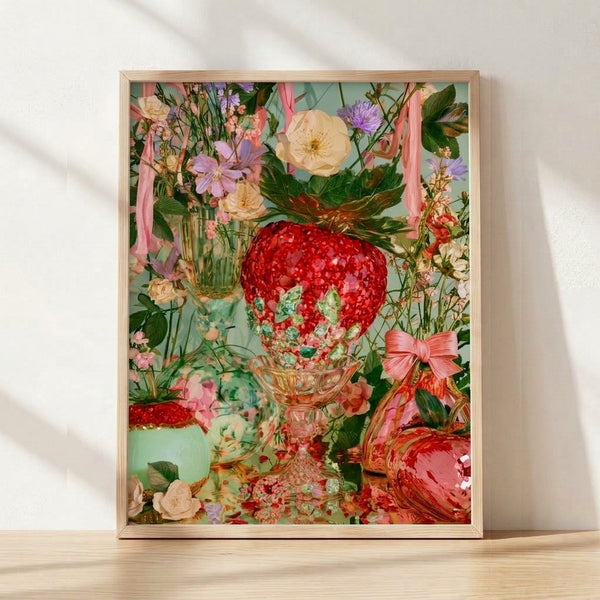Framed poster art print featuring a whimsical still life with jeweled strawberries, delicate flowers, and a decorative ribbon in soft pink, sage green, and cream tones; romantic coquette and cottagecore style wall decor.