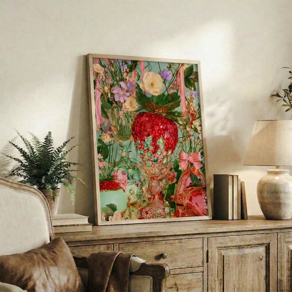 Romantic botanical print in a frame showing strawberries nestled among flowers and florals in lavender, raspberry, and soft pink hues with grandmillennial boho aesthetic and dreamy feminine mood.