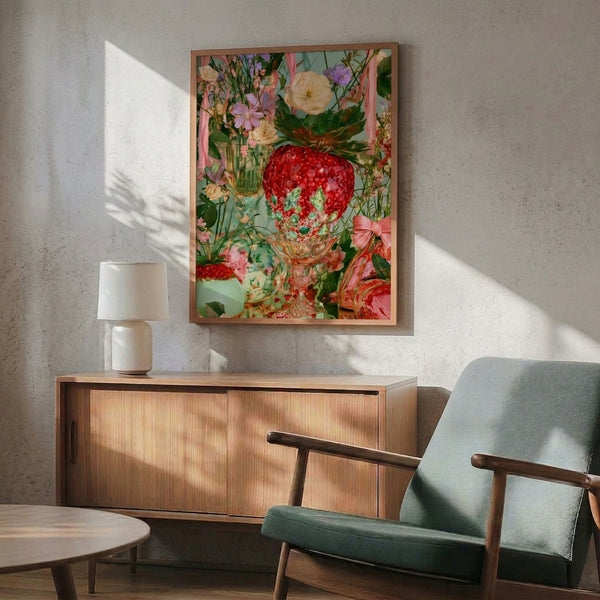 Cottage-core inspired art print depicting ornate strawberries in a vase with ribbons and blooms rendered in soft pastels including cream, sage, and dusty pink; whimsical wall decor for feminine spaces.