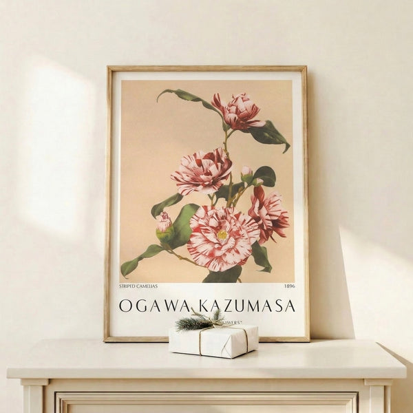 Wall-mounted botanical print showing intricately detailed striped camelias in muted cream, pink, and red hues with graceful green foliage, evoking Japandi aesthetic.
