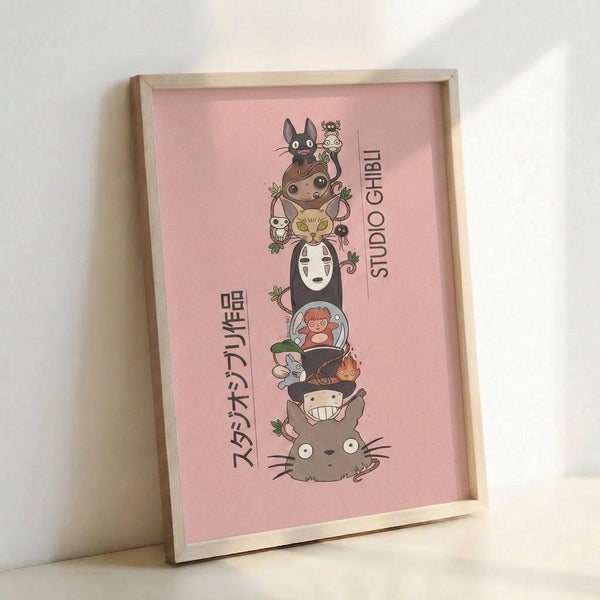 Playful anime totem poster showcasing iconic Ghibli characters and spirits stacked vertically, rendered in warm rose pink and cool gray hues with whimsical charm.