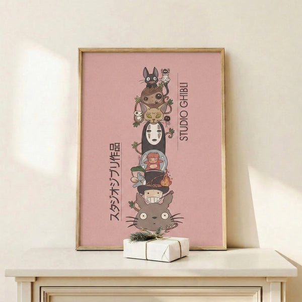 Charming Studio Ghibli character stack poster in muted sage green and dusty rose, featuring enchanting spirits and creatures in a nostalgic anime illustration style.