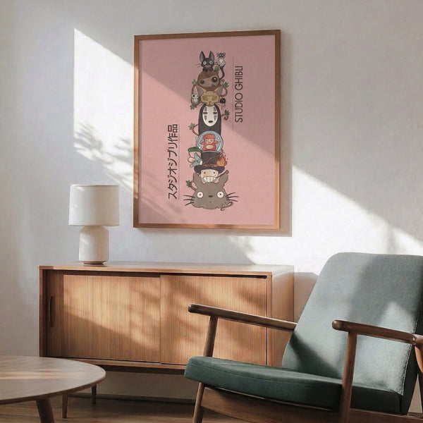 Dreamy totem-style Ghibli poster blending rose pink, sage green, and warm earth tones with layered character illustrations and mystical creatures.